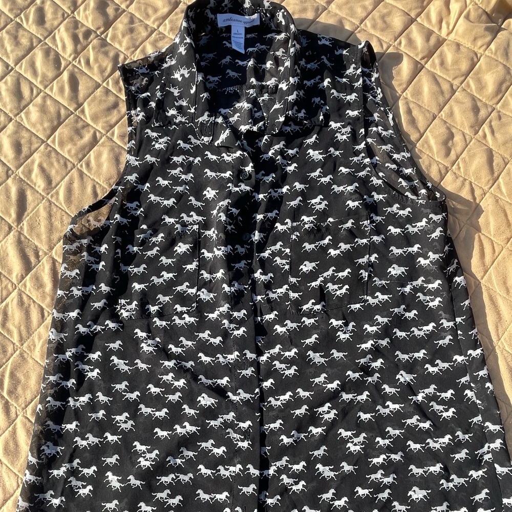 Ambiance Black and White Horse Print Blouse